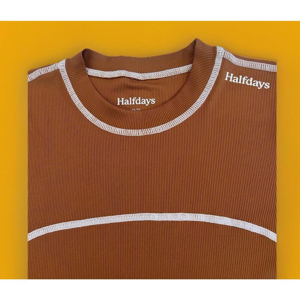 Halfdays Women's Ribbed Crewneck Top in Rust with Contrast Stitching